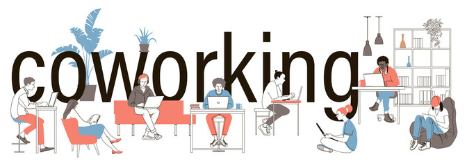 Coworking people colored isolated icons set with creative freelancers meeting together in coworking center.
