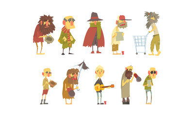 Homeless People Wearing Dirty Torn Clothes Begging for Help Vector Illustrations Set