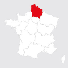 Lille region highlighted red on france map vector. Gray background.