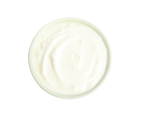 Fototapeta na wymiar Tasty organic yogurt in bowl isolated on white, top view