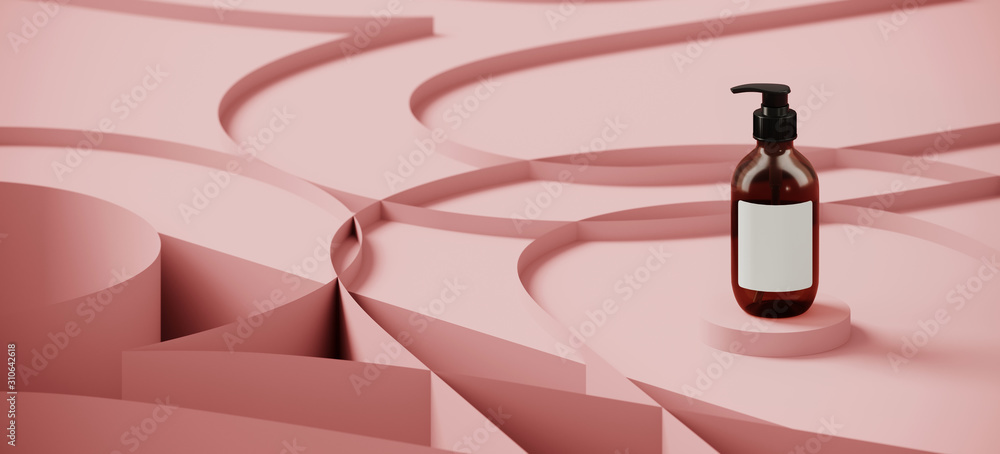 Poster abstract background for branding and packaging presentation. cosmetic bottle on pink color geometric