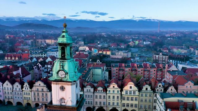 4K aerial video with round motion of town hall tower in Jelenia G&oacute;ra, Poland.