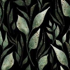 Foto op Canvas Groene bladeren en takken naadloos patroon op zwart. Aquarel illustratie © Gribanessa