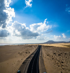 Fuerteventura, Corralejo sand dunes nature park. Beautiful Aerial Shot. Canary Islands, Spain