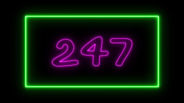 Open 24/7 hours neon sign fluorescent light glowing on banner background. Text by neon lights sign in night. The best stock neon Open 24 hours flickering, flash, blinking on black background