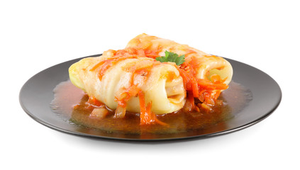 Delicious cabbage rolls with sauce isolated on white