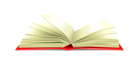  An open red book lying on a table or shelf. Vector illustration of a book or textbook on a white isolated background. Use it as a symbol of knowledge or a library.