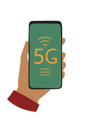 Hand holding mobile phone connecting to 5G Internet. Mobile broadband connection, wireless innovational technology.