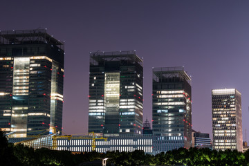 Night view of modern skylines at the century square in the Pudong, Shanghai, China.