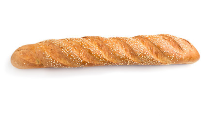 Fresh golden baguette with  sesame seeds isolated on white background. side view
