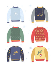 Cute warm sweater collection on white background. Vector clothes illustrations. Funny winter pullovers 