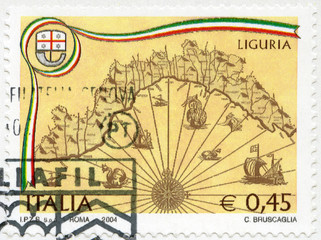 ITALY - 2004: shows Liguria map and flag, Italian Regions, 2004
