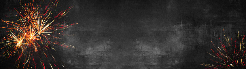 Silvester background banner panorama long- firework on rustic dark black grey stone concrete...