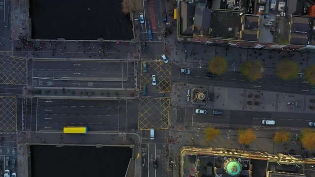aerial view of cars and buses moving on the street. Dublin traffic