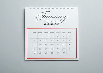 January 2020 calendar on light grey background, top view