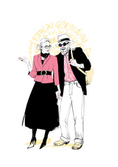 Oldman and old woman walking isolated