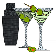 martini glasses with olives and shaker in the style of zenart, doodle, zentangle, black and white still life, printable, wall art