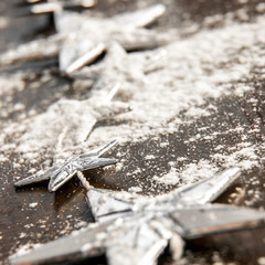 Christmas, Xmas - Snowflakes and Silver Star blurred in snowing background