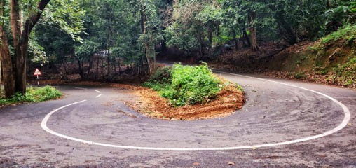 A hairpin bend road within a forest in Ponmudi, Kerala, India