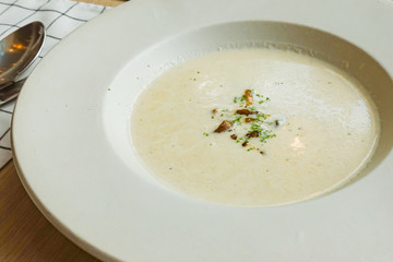 Mushroom cream soup on a table, food