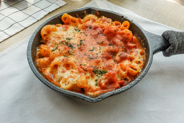 Baked creamy, mac and cheese with minced meat, italian ground beef bolognese casserole