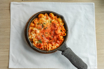 Baked creamy, mac and cheese with minced meat, italian ground beef bolognese casserole