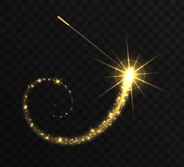 Magic wand with golden swirl and sparkles isolated on transparent background. The magic scepter with stardust trail. - obrazy, fototapety, plakaty