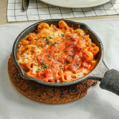Baked creamy, mac and cheese with minced meat, italian ground beef bolognese casserole