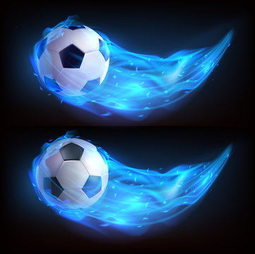 Flying soccer ball in blue fire isolated on black background. Vector realistic symbol of football in plasma flame with sparks. Template for poster, banner for the match of sport tournament