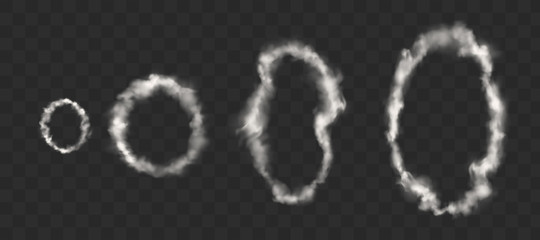White smoke rings from cigarette, pipe or vape. Vector realistic circle of steam clouds of smoking hookah isolated on transparent background