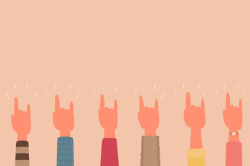 human hand raised up with rock finger sign teamwork concept, vector flat illustration