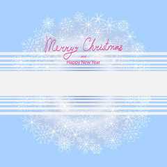 Square vector Christmas and New Year frame - card, poster, sign board or banner template in blue and pink colors with white snowflakes, ribbons, place for message and lettering