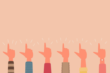 human hand raised up with finger right sign teamwork concept, vector flat illustration