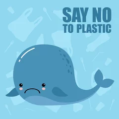 Rucksack Plastikverschmutzung im Meer. Ökologisches blaues Poster, Papierkunst und digitaler Handwerksstil. Möwe sitzt auf fließender Plastikflasche. Sag nein zu Plastik © YuliaR