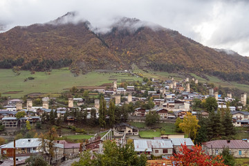 Fototapeta na wymiar Morning view of Mestia village in Svaneti in the mountainous part of Georgia