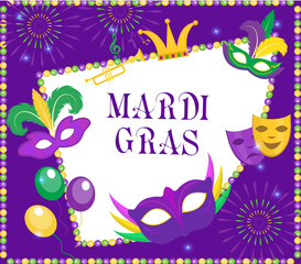 Fototapeta Mardi Gras frame template with space for text. Mardi Gras Carnival poster, flyer, invitation. Party, parade background. Vector illustration obraz