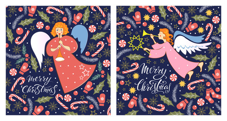 Merry Christmas! Set of holiday greeting posters with the image of angels. Vector image.