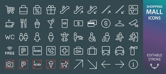 Shopping mall rectangular icons set. Set of elevator, escalator, lift, stairs up and down, smoking area, diaper change, wc, man toilet, female wc, wheelchair isolated vector icon on dark background