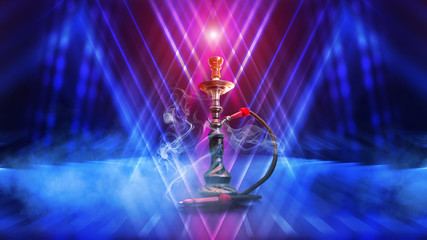 Hookah with smoke on a background of blurry lights. Abstract background, neon glow