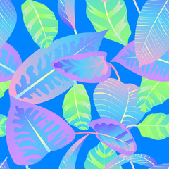 Seamless pattern with neon gradient tropical leaves. Vector illustration