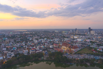Aerial view Khon Kaen province with Wat That at bueng kaen nakhon lake in Thailand