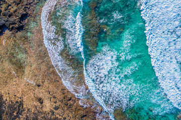 Fuerteventura. Vulcano Beach. Waves. Top View of a drone at the Bay. Spain