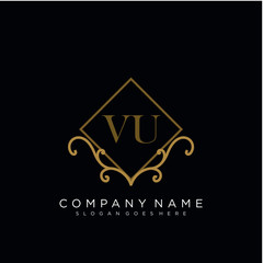 Initial letter VU logo luxury vector mark, gold color elegant classical 