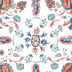 Obraz premium Watercolor natural floral ornamental seamless pattern, hand painted vintage flowers texture