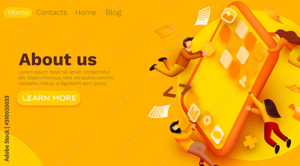 Wall mural modern banner template with tiny people and giant smartphone. mobile app design. user interface deve