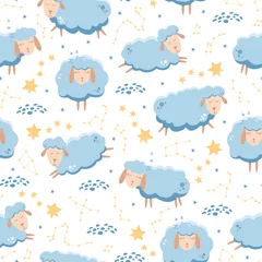 Tapeten Nahtloses Muster mit schlafenden Schafen, die über den Sternenhimmel fliegen. Vektor-Illustration. © julikul8931