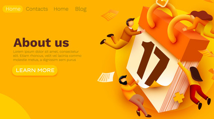 Modern banner template with tiny people and giant calendar. Planning schedule concept banner with characters. Time management, planning events and organization.