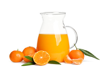 Fresh tangerines and jug of juice isolated on white