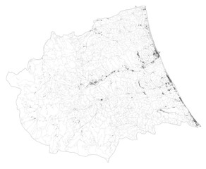 Satellite map of Province of Teramo, towns and roads, buildings and connecting roads of surrounding areas. Abruzzo region, Italy. Map roads, ring roads
