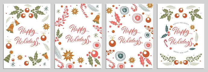 Fototapeta na wymiar Set of greeting cards with Christmas and winter seasonal holidays. Holiday lettering. Vector illustration